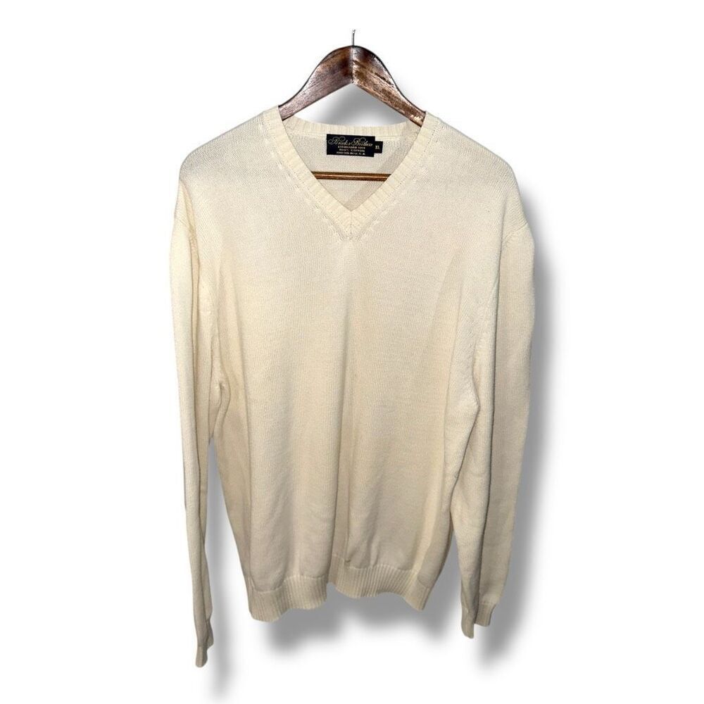 80s Brooks Brothers Cream Made in USA Cotton V-Neck Sweater Sz XL
